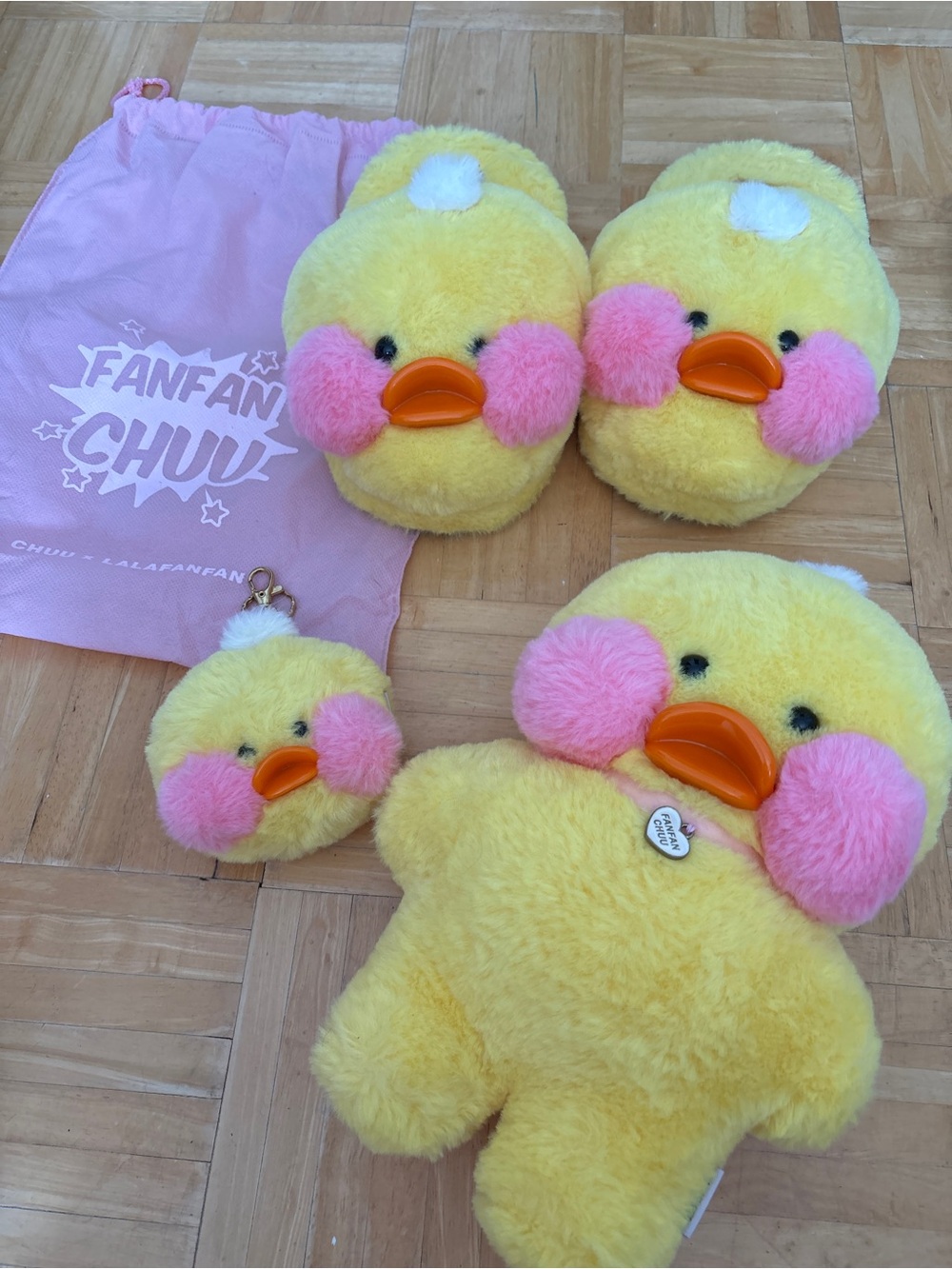 Chuu x Fanfan Korean IllustratorYellow Plush Doll Duck Set and Keychain Slippers